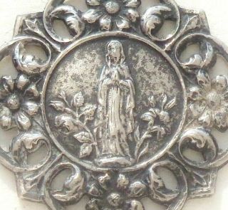Art Nouveau Flowers Decors Antique Silver Medal Pendant To Our Lady Of Lourdes