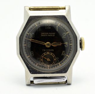 Vintage TECHNOS gilt dial,  steel Borgel decagonal case,  40 ' s men ' s watch 7