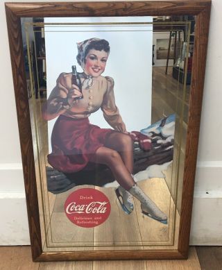 Vintage 1987 Drink Coca - Cola Ice Skating Girl Framed Bar Pub Mirror Sign 18 X28 "