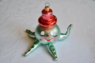 Vintage Glass Christmas Ornament Green Octopus Hand Painted Face Decarlini Radko
