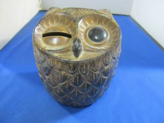 Vintage Ceramic Pottery Brown Earth Tone Winking Owl Coin Bank Figurine