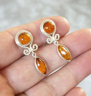 Vintage Stamped Art Deco Jewellery Real Amber Inset 925 Silver Dropper Earrings