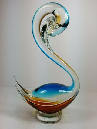 Retro Vintage 8.  75 " Murano Style Studio Art Glass Swan In Turquoise & Amber