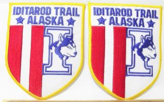 2 Each Vintage Iditarod Trail Alaska Cloth Patches 4 X 5  Blue I Style " 1980s