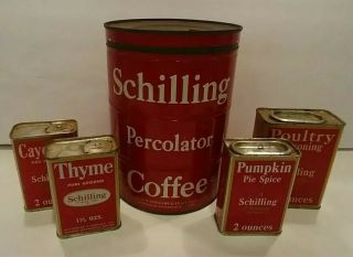 Vintage Schilling Coffee/spice Cans - 1 - 2lb Coffee - 4 Tins 1 - 2.  5 Oz,  2 - 2oz & 1 - 1.  5