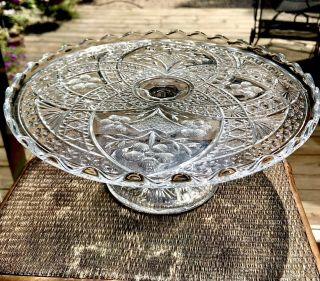 Vintage Eapg Pressed Glass Pedestal Cake Plate Stand With Fluted Edge Flowers