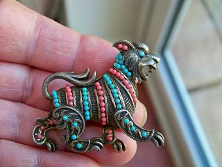Vintage Jewellery Foo Dog Chinese Guardian Lion Coral Turquoise Bead Brooch Pin