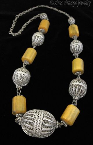 Vintage Ethnic Yemeni Bedouin Silver Filigree Amber Bakelite Bead Long Necklace