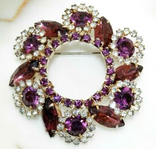Stunning Vintage Deep Purple & Clear Rhinestone Floral Circle Wreath Brooch