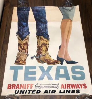 Vintage United Air Lines Texas Travel Poster - Braniff International Airways Rare