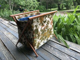 Vintage Folding Wood Frame Portable Basket Caddy Tote Sewing Knit Yarn Bag