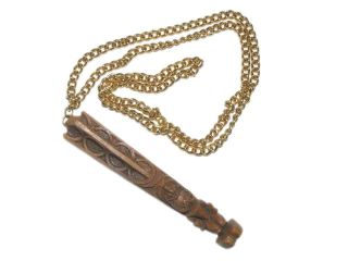 Vtg Boho Hawaiian Tiki God Faux Wood Carved Pendant Gold Tone Chain Necklace 1b