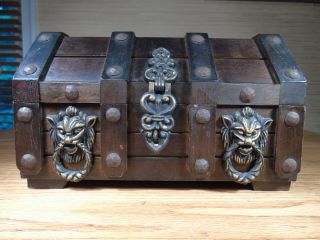 Vintage Wood Pirate Treasure Chest Jewelry/trinket Box Lion Heads Royal