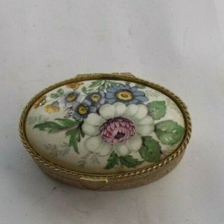 Rare Vintage 2 " Floral & Silverplate Made In Italy Pill Trinket Box Oval Fancy
