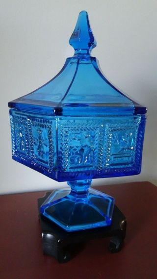 Vintage 6 Sided Fostoria Light Blue Glass Pedestal Footed Compote Candy Dish Lid