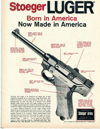 1970 Print Ad Of Stoeger Arms Luger Pistol Born And Now Made In America