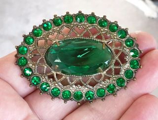 Vintage Czech Jewellery Large Green Emerald Crystal Gold Filigree Brooch Pin