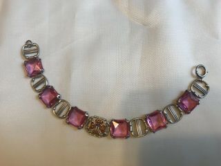 Sterling Bracelet Pink Open Back Faceted Crystals Usa Emblem Vtg Antique Estate