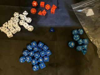 One Bag Of 55 Vintage Polyhedral/dungeons & Dragons Dice Red,  White And Blue