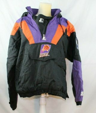 Phoenix Suns Starter Nba Puffer Hoodie Jacket Coat 90s Sz S Vtg Big Logo Puffy