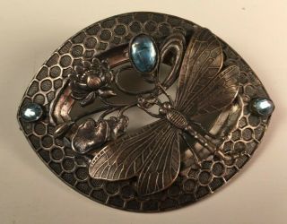 Large Vintage Silver Tone Victorian Brooch With Dragonfly And Water Lillies
