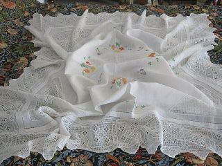 Vintage Hand Embroidered Linen Tablecloth With Hand Crochet Lace