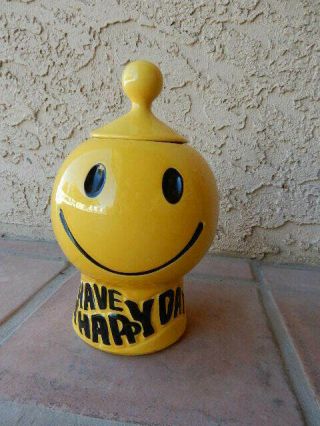 Vintage Mccoy Smiley Face " Have A Happy Day " Ceramic Cookie Jar