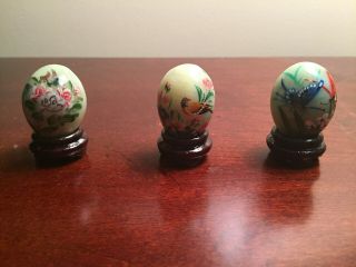 3 Vintage Asian Hand Painted Jade Eggs With Wooden Stand Asian Flora And Fauna