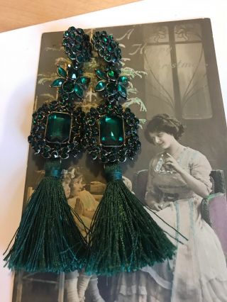 Huge Vintage Victorian Revival Green Glass Tassel Earring For Pierced Ears