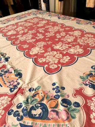 Vtg.  40/50 ' sPrinted Cotton Tablecloth/Colorful Bowls of Fruit/Cherries/Pears/Etc. 4