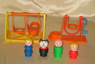 3 Vintage Fisher Price Little People,  A Dog Plus 2 Playground Swing