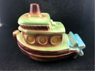 Rare Vintage American Bisque Cookie Jar Tugboat W/bell 9 " Tall 1950 