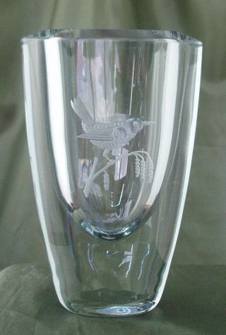 Vintage Strombergshyttan Glass Vase Engraved Bird On Branch