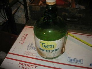 Vintage Teem Soda Syrup Jug 1 Gallon Jug With Paper Label Green Bottle Pepsi Co