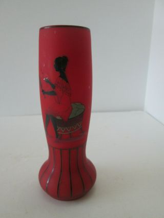 Vintage Red Cased Glass Vase W Silhouette Of Flapper Girl Art Deco 3857