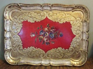 Vintage Toleware,  Florentine Red And Gold Tray,  Firenze Italy 14 X 10.  5