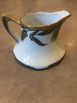 Vtg Hand Painted Nippon Creamer Pitcher Gold Beaded Moriage Leaves Art Nouveau