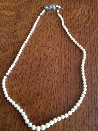 A Vintage Sterling Silver 925 Marcasite Clasp Cultured Pearl Necklace