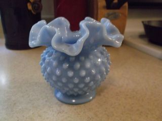 Vintage Fenton Blue Milk Glass Hobnail Ruffled Vase