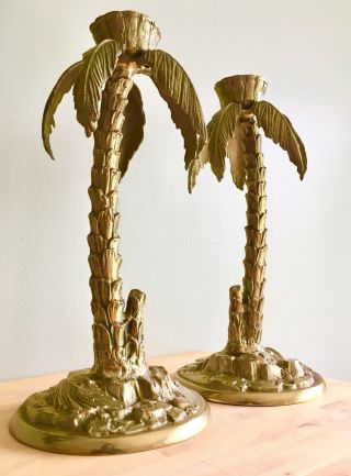 Vintage Solid Brass Set Of Candlesticks Palm Trees Hollywood Regency Mid Century