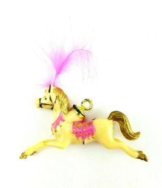 Vtg Plastic Show Pony Merry Go Round Horse Gold/pink Feather Christmas Ornament