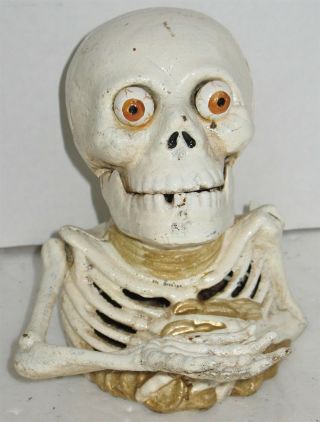 Vintage Cast Iron White Distressed Paint Skeleton Halloween Mechanical Coin Bank