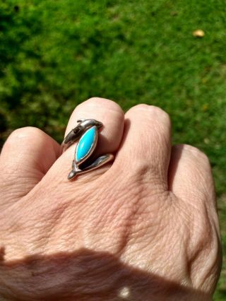 Vintage Sterling Silver Dolphin & Turquoise Band Ring Size 6