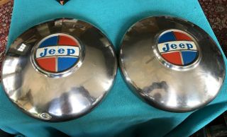 Vintage Pair Jeep Jeepster Chrome Hubcaps Dog Dish Red Blue Cap