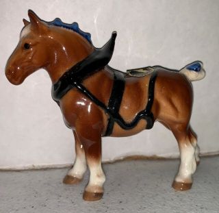 Vintage Hagen Renaker Ceramic Clydesdale Horse Figurine 2.  75 " High W/blue Ribbon