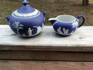 Vintage Dark Blue Wedgwood Jasperware Creamer And Sugar Bowl