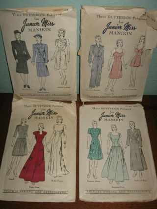 4 Vintage Butterick Junior Miss Manikin Doll Clothes Patterns - 1940s