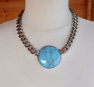 Vintage Heavy Blue Turquoise Stone Effect Pendant On Chain Necklace