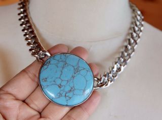 Vintage Heavy Blue Turquoise Stone Effect Pendant On Chain Necklace 2