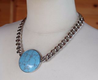 Vintage Heavy Blue Turquoise Stone Effect Pendant On Chain Necklace 3